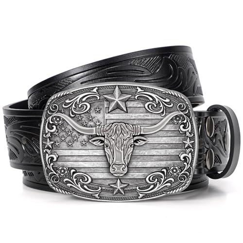 Image of SANSTHS Western Cowboy Belts for Men Women, Mens Western Belt Bull Buckle Country Belt Cowboy Leather Belt for Jeans