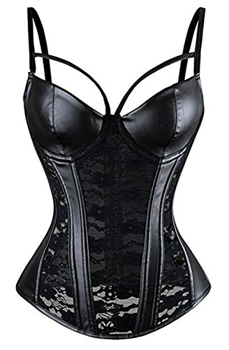 KuSen Damen Vollbrust Faux Leder Corsagen Bustier BH Dessous Korsett Clubwear (EUR(34-36) M, Schwarz)