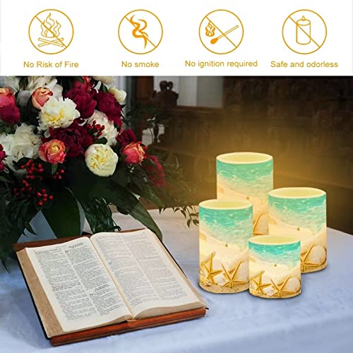 Image of Beach Starfish Seashell Flameless Light Candles Battery Powered with Timer Remote Color Chaging Pillar Fake Candles Pack of 4 for Wedding Home Outdoor Decor