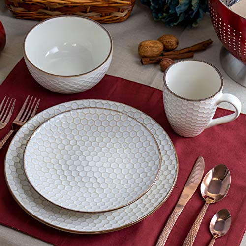 Elama HONEY IVORY DINNERWARE Geometric Embossed Stoneware Honeycomb Pattern Tableware, Set thumb #13