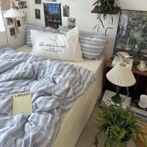 Image of Nayoroom Striped Duvet Cover Queen Blue White Stripe Bedding Set | Modern Farmhouse Coastal, Dorm Bedding, Soft Breathable Washed Microfiber, All-Season Comfort, Hidden Zipper, 4 Corner Ties
