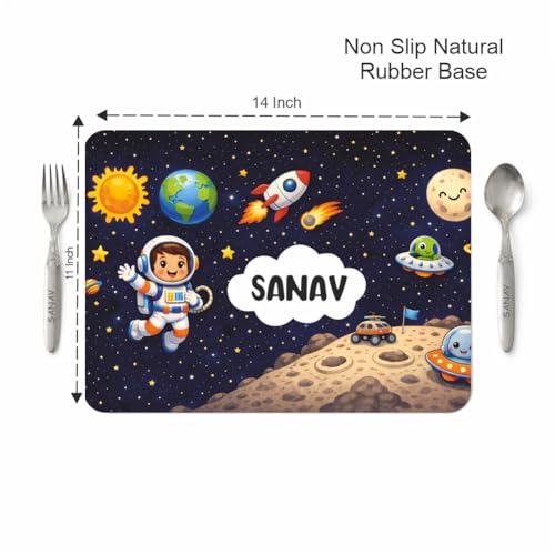 Image of Customized Table Mat with Name & Design Engraving | Personalized Dining Mat with Spoon & Fork | Customized Birthday Gift for Kids (Space)