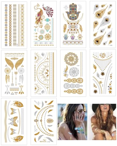 UYRVAPE Tatuaggi Temporanei e Occhio - 10 Fogli Tatuaggi Temporanei,Tatuaggi Metallici Impermeabili,Adesivo Trucco Flash Dorato Tatuaggio Viso