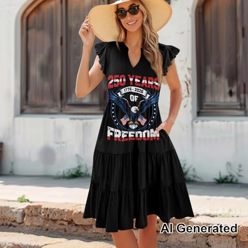 Image of Womens Summer Dress Ruffle Sleeve V Neck Dress Casual Fit Flowy Beach Vacation Sundress with Pocket S-2XL