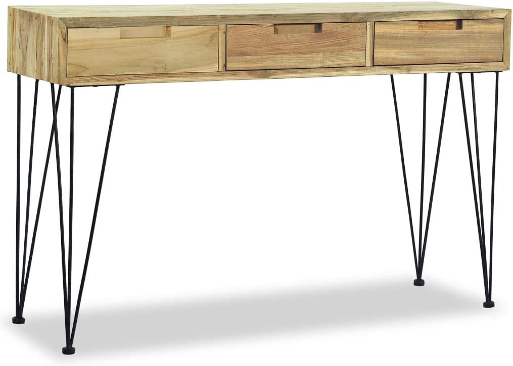 vidaXL Console Table, Entryway Table with Iron Legs, Narrow Side Table with 3 Drawers for Hallway, Living Room Furniture, Industrial, Solid Teak