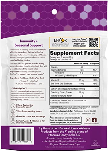 Wedderspoon Manuka Honey Immunity Lozenges With Epicor, Zinc, Vitamin C – Elderberry, 2.6 Oz (Pack Of 1), Boosts Immunity Within Two Hours #TOP1