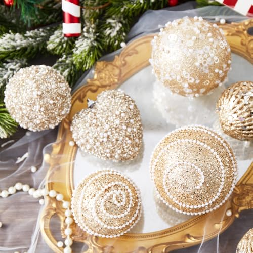 Champagne Gold Christmas Ball Ornaments, Christmas Ball Decorations Shatterproof Plastic Hanging Pearl Balls for Holiday Party(70mm/2.76", 12ct) - image 3