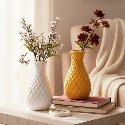 Image of TrustBasket Serenity Flower Vase White Yellow Set of 2 Decorative Plastic Table Accent for Living Room Bedroom Dining Table, Modern Home Decor Display for Fresh or Artificial Flower