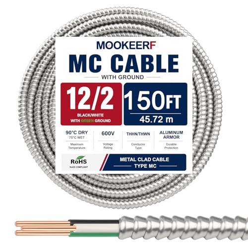 Image of MOOKEERF 12 /2 MC Cable with Ground - 150FT Pure Copper 12AWG /2 Metal Clad Wire with Aluminum Armor 12 Gauge 2 Conductor Type MC Alum Cable