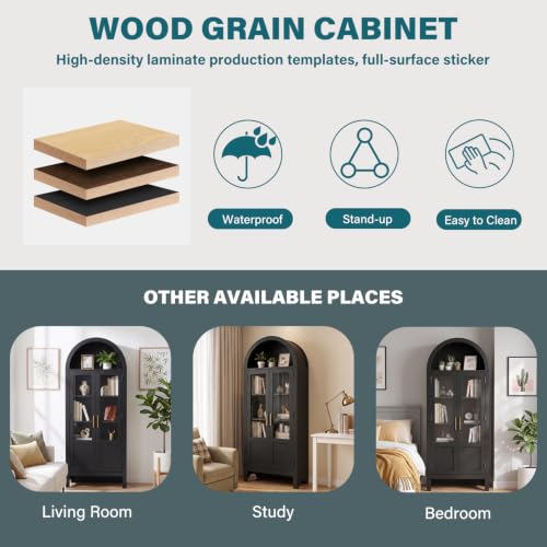 Image of Arched Storage Cabinet with 2 Doors and 5-Tier Shelves for Living Room, 71 inch Tall Wooden Pantry Cabinet for Dining Room and Kitchen, Floor Bathroom Organizer, Black