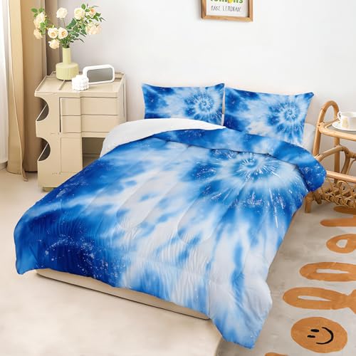 Image of AILONEN Tie Dye Comforter Queen Size with 2 Pillowcases,Blue and White Swirl Bedding Set 3Pcs,Tie-Dye Spiral Quilt Set for All Season,Ultra Soft Lightweight Microfiber