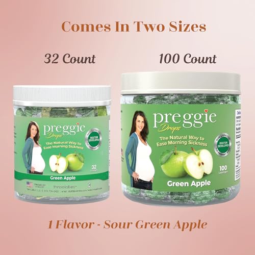 Image of Three Lollies Preggie Drops Pregnancy Nausea Relief Drops with Essential Oils, Morning Sickness and Queasy Stomach Support for Pregnant Women, Green Apple, 100 Count