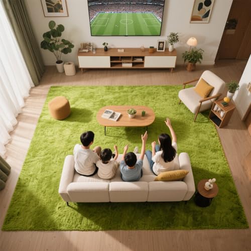 Green Grass Area Rugs for Bedroom Living Room, 8x10 Fluffy Fuzzy Shaggy Carpet for Kids Playroom Nursery Room, Thick Soft Plush Mat for Kids Baby Boys Teen Dorm Home Decor Aesthetic