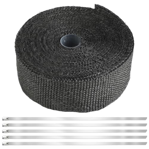 Kievano Cinta Térmica de Escape 10M Negra de Fibra de Vidrio, Ancho 5CM con 5 Bridas de Acero Inoxidable, Banda Aislante para Colectores de Auto Moto