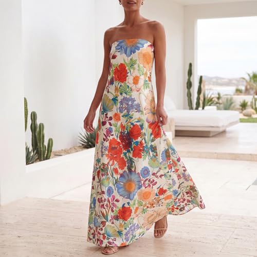 Image of Zwirelz Women Strapless Maxi Dress Boho Floral Print Flowy Long Tube Dress Off Shoulder Loose Beach Sundress