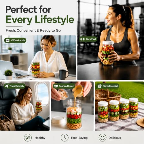 Image of JUNLIN 9Pack Salad Jar with Lids Meal Prep，32oz Large Salad Jars with 2 Build in Dressing Cup Meal Prep Containers, Salad Lunch Container for Office Gym On the go
