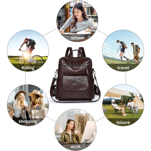 Image of Backpack Purse for Women, PU Leather Back pack Purse, Fashion Anti Theft Backpack, Multipurpose Lightweight Waterproof Shoulder Bag Handbag, Chocolate