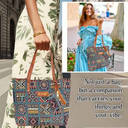 Image of Storite Women's Tote Bag With Leather Handles & Embroidery Printed Handbag With Zip Pockets, Shoulder Tote Bag And Handbag For Office And College (40X32X7.5Cm)