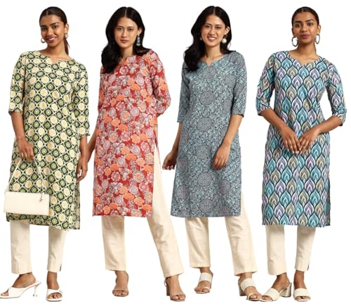 Image of JAKHANA Women's Crepe Printed Casual Straight Calf Length Round Nick Kurta Pack of 4