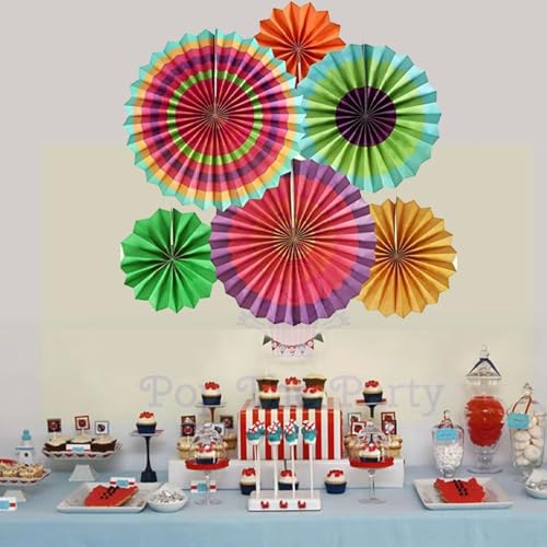 Image of Pop the Party 6Pcs Vibrant Bright Colors Hanging Paper Fans Circular Folded Paper Fan Flower Party Supplies Wedding Background Decoration Window Dressing.