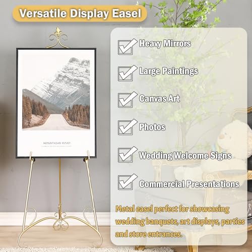 57" Large Gold Easel Stand for Sign with Fleur De Lis Design, Metal Easel Display Stand with Adjustable Hook & Chain, Heavy Duty Easel for Mirror, Sign, Wedding, Picture (No Installation Required) by MOCOME - Image 4