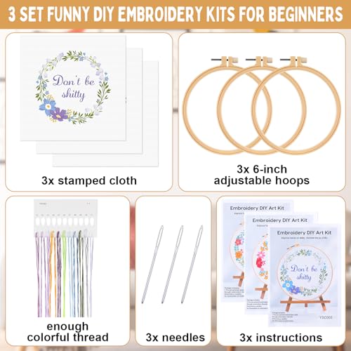 Image of Daifunli 3 Sets Funny DIY Embroidery Kits for Beginners Adults, Stamped Handmade Cross Stitch Starter with Floral Wreath Pattern Needlepoint Kit with 3 Embroidery Hoop, Color Threads, Tools
