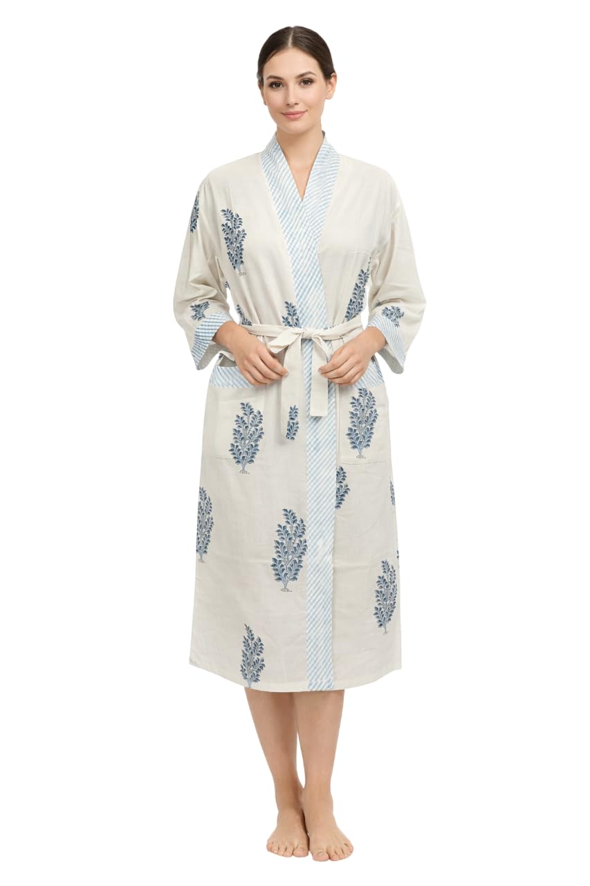Pure Cotton Hand Block Printed Kimono Robe for Women, Handmade Bath Robe, Lightweight Spa & Loungewear, Free Size, Soft Breathable Bathrobe-image-34
