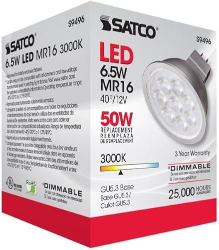 Miniatura 5 de Satco Lighting S9496-Bombillas LED MR16 de bajo voltaje regulables de 6.5 W, 3000 K, ángulo de haz de 40 grados, base GU5.3, 12 voltios CA/CC