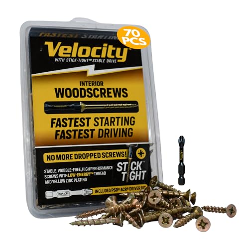 Image of Velocity Interior 2 Inch Wood Screws DIY Pack (Size #10, 70 Pcs) - Zinc and Yellow Coating, Stick-Tight Technology, Screw for Wood Working with PSD ACR Driver Bit