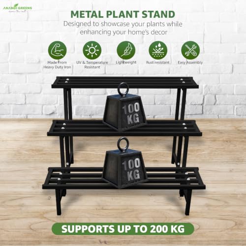 Image of Anandi Greens Black Heavy Duty 3 Tier Metal Plant Stand for Grow Bags Planters and Pots Rust Resistant Iron Plant Pot Holder Rack for Outdoor Balcony Indoor Living Room and Garden Supports Up to 200 kg