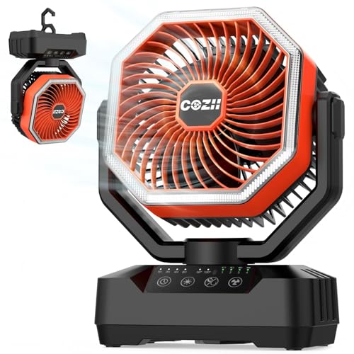COZII Camping Fan Rechargeable 20000mAh Upgraded Battery Powered Oscillating Fan Portable Desk Fan with 4 Powerful Winds LED Light and Timer Outdoor Tent Fan for Fishing Travel Office