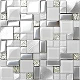 Hominter 11-Sheets Silver Coated Glass Backsplash Tile, Brushed Aluminum Metallic Mosaic, White Crys