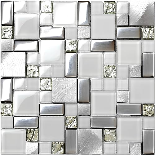 Hominter 11-Sheets Silver Coated Glass Backsplash Tile, Brushed Aluminum Metallic Mosaic, White Crystal Decor Tile For Kitchen/Bathroom/Accent Wall Jy63 #TOP7