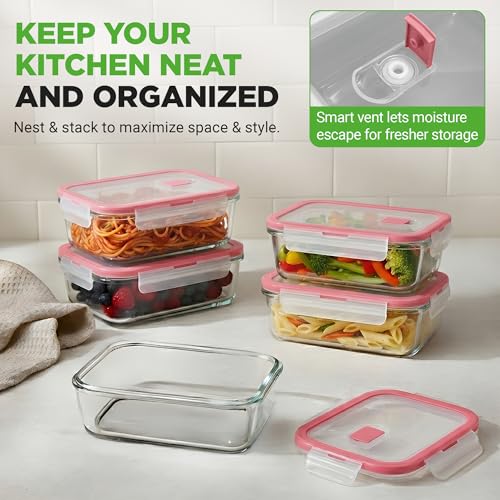 Image of Nutrichef 10-Piece Glass Food Containers - Stackable Superior Glass Meal-prep Storage Containers, Newly Innovated Leakproof Locking Lids w /Air Hole, Freezer-to-Oven-Safe (Red)