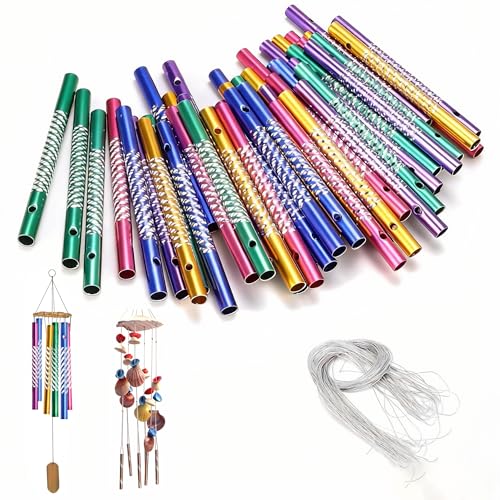 DIYCUT 50 Stück Windspiel Bastelset, Aluminium-Klangröhren, Windspiel Röhren, mit 20 Silberfäden (Farbig), für Garten-Deko, Halloween-Windspiels & Kinderzimmer-Accessoires