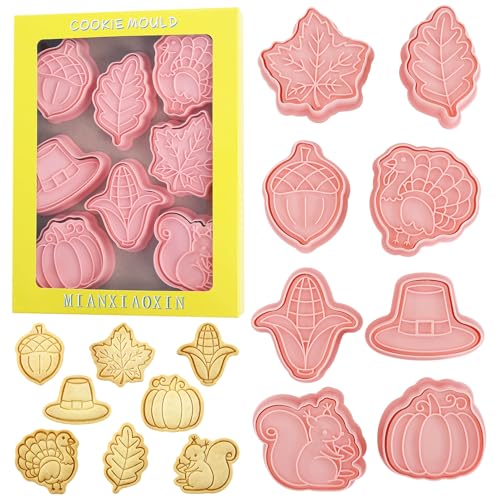 Thanksgiving Cookie Cutters 8 Pcs Fall Themed Cookie Cutter Shapes of Turkey, Pumpkin, Maple Leaves, Squirrel, Acorn Cookie Stamps (Thanksgiving)