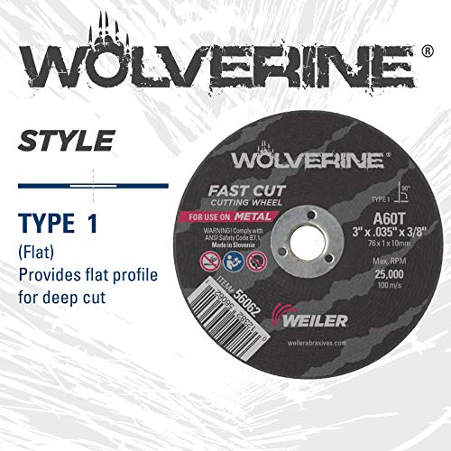Image of Weiler 56062 3-Inch Cutting Wheel, Wolverine AO Steel /Metal Fast Cut, Value Cutting, 0.035 inch A60T Type 1 3 /8 inch Arbor (Pack of 100)