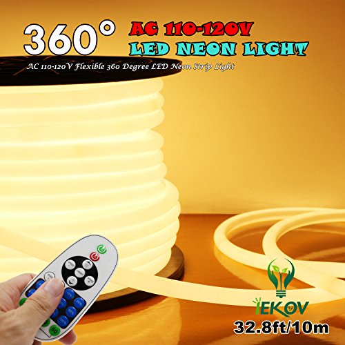 [Upgrade] 360° Led Neon Light, Iekov™ Ac 110-120V Flexible 360 Degree Led Neon Strip Lights, Dimmable & Waterproof Neon Led Rope Light + Remote Controller (32.8Ft/10M, Warm White) #TOP8