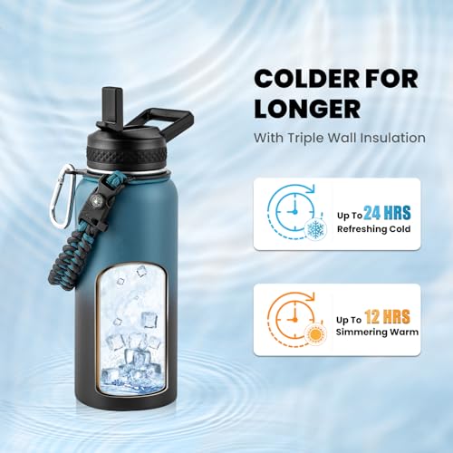 Image of RAYMYLO Insulated Water Bottle 32 oz, Triple Wall Vacuum Stainless Steel (Cold for 24Hrs, Hot for 12Hrs), Leak Proof & Non-BPA, Modern Water Flask Jug with Paracord Handle & Straw Spout Lids