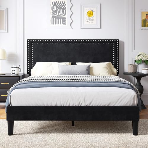 Image of VECELO Full Size Platform Bed Frame with Height Adjustable Upholstered Headboard, Modern Mattress Foundation,Strong Wood Slat Support, No Box Spring Needed, Easy Assembly,Black
