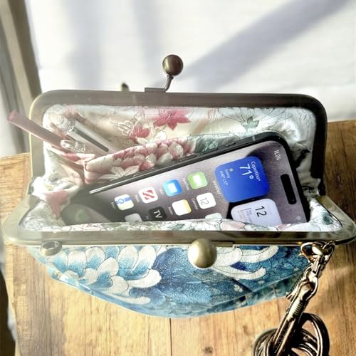 Kimono Cloud Clutch bag Vintage Floral Kiss Lock Purses and Handbags Crossbody Bag/Made in Japan Japanese Evening Clutch Buckle Purse Shoulder/Blue chrysanthemums and cherry blossoms3