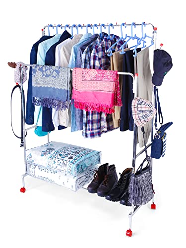 Image of LIMETRO STEEL Clothes Rack with Bottom Shelves | Closet Organizer Coat Hanger | Multipurpose Dual Rod + Wheels | Garments Rack with Bottom Shelf