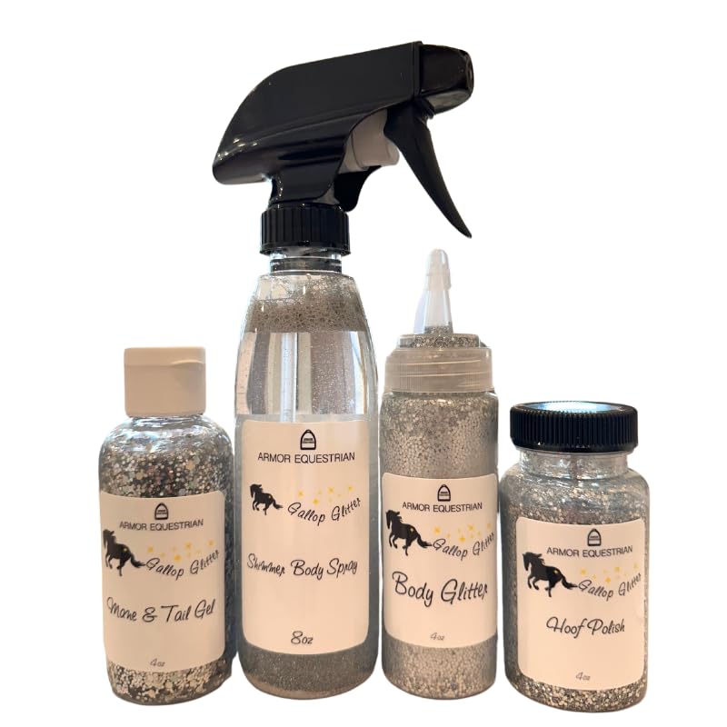 Armor Equestrian Horse Gallop Glitter Gift Set, 4 Items - Hoof Polish, Body Glitter, Mane and Tail Gel, Shimmer Body Spray (Silver)
