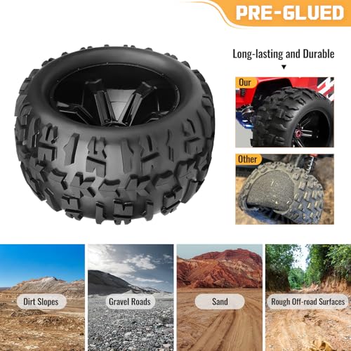 FriHobby Preglued 1/8 Monster Truck Ties and Wheels OD 5.9" 17mm Hex MT Tires Wheels Set fit Traxxas Maxx E-Revo 2.0 3.3 Summit Revo 3.3 Arrma Kraton Outcast 4-6S Brushless Power