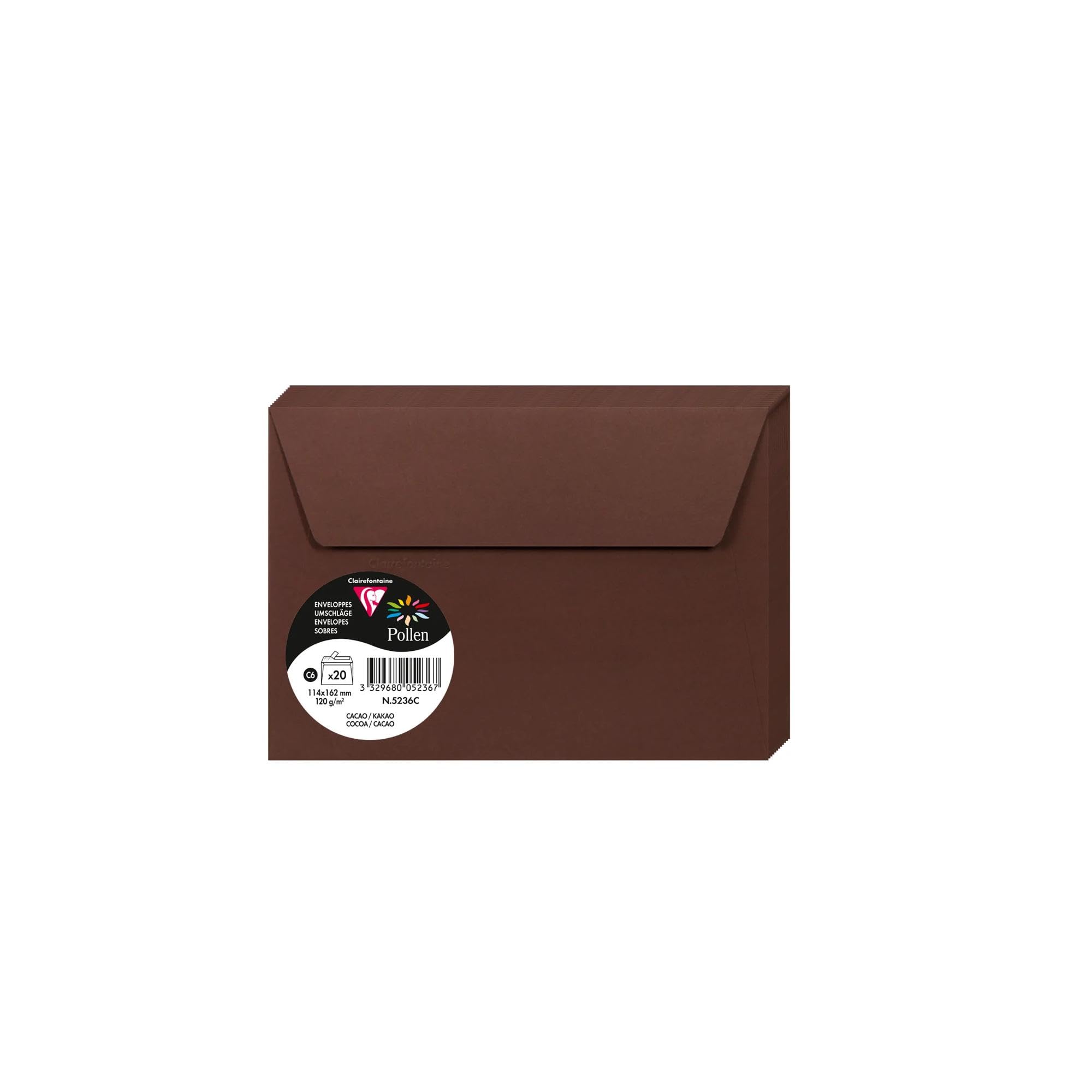 Clairefontaine 5236C Pack of 20 Self-Adhesive Envelopes C6 11,4x16,2cm 120gsm Cocoa colour Invitation Events Correspondence Pollen Range Premium Paper