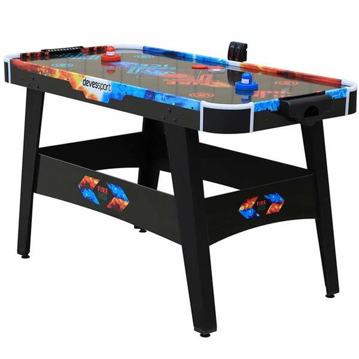 DEVESSPORT Air Hockey Fuego vs Hielo Incluye Dos Lanzadores Leds y Un Disco Led y Niveladores en Cada Pata | Mesa de Hockey con Luces LED Rojo y Azul, Marcador Electrónico y Baterías USB