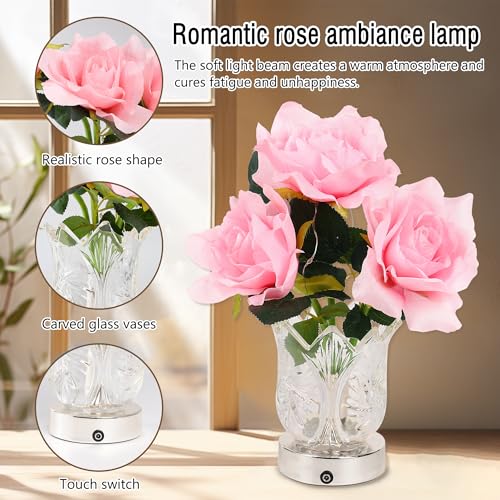 Image of Artificial Pink Rose LED Lamp Night Light,Flower Lamp Gifts for Women Mom Grandma Girlfriend Friend Wife Birthday Christmas Valentines Mothers Day Anniversary, FLower Bedroom Bar Coffee Shop Decor