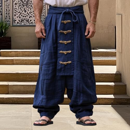 Men's Cotton Linen Harem Pants Casual Knot Button High Waist Wide Leg Trousers Pirate Hippie Baggy Pants with Belt2