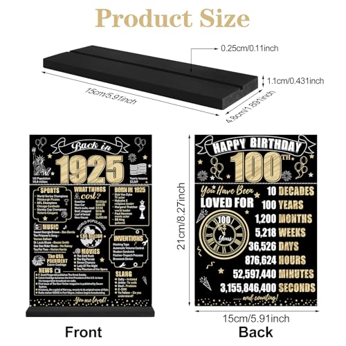 Eiurteao 100th Birthday Decorations Back in 1925 Table Sign for Men Women, Black Gold Happy 100 Bday Two-Sided Wooden Table Poster with Stand Party Supplies, 100 Birthday Display Holder Decor