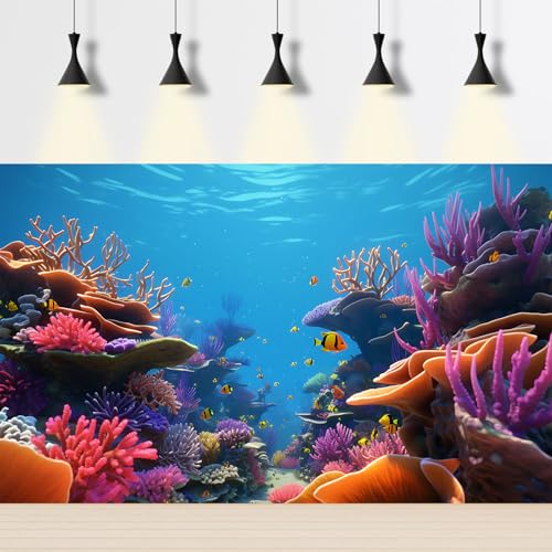 Image of Under The Sea Aquarium Background Ocean Underwater World Fish Tank Backdrop Coral Tropical Fish Undersea Theme Aquarium Backdrop Deep Blue Sea with Sunbeams Terrarium Background Decor 72x16in